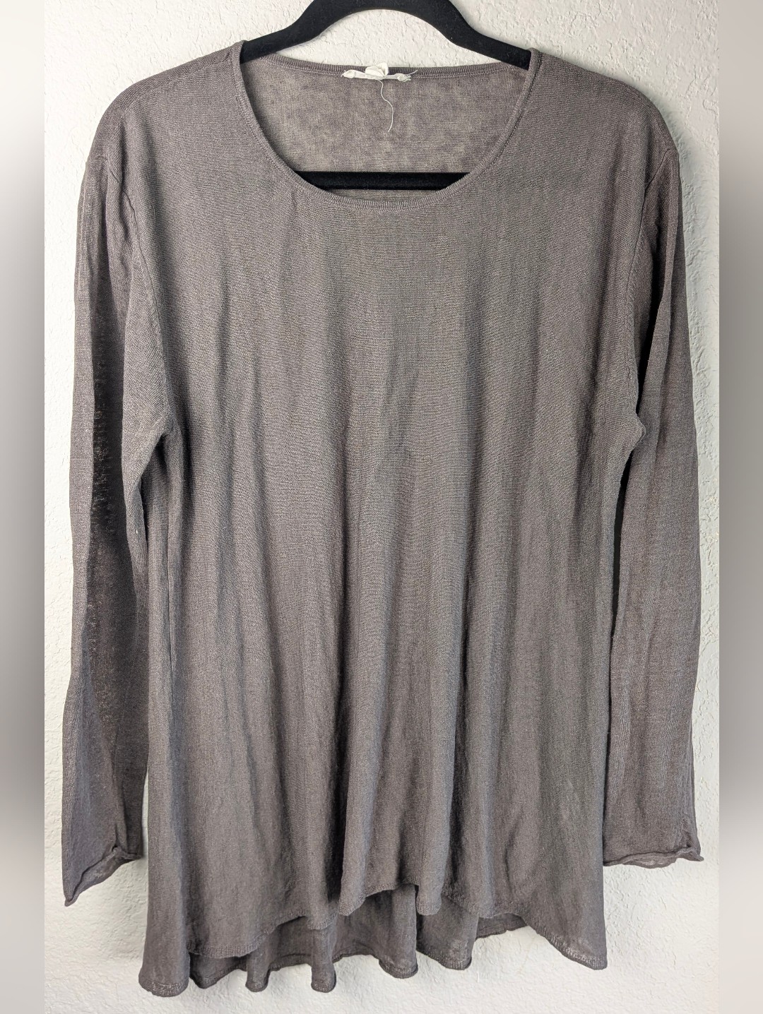 Eileen Fisher Organic Linen Blend Top L Sheer Knit Tunic Long Sleeve Taupe Chic